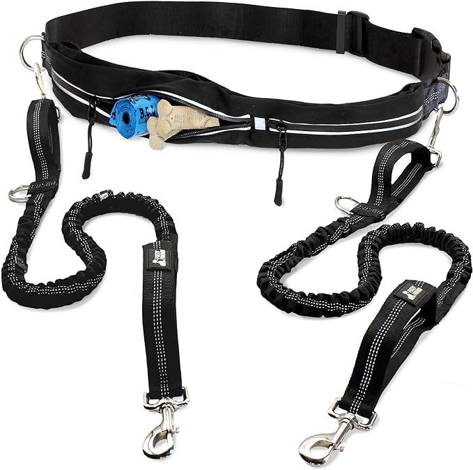 Hands Free Dog Leash for 2 dogs - 2 Convenient Pouches on This Nifty Hands Free Leash - Padded Handles and 2 Tough Bungees - Perfect waist leash for dog walking, running or adventuring