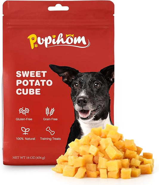 16OZ Dog Treats， Sweet Potato Cube, Dog Training Reward Snacks for Small Medium Large Dogs， High Protein Dog Chewy Treats Healthy Teeth and Coat