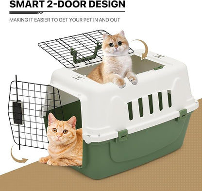 MoNiBloom 22-Inch Dog Crate Plastic 2-Door Top Loading Cat Carrier, Hard-Sided Dog Travel Carrier for Small Dogs and Cats, Ventilation and Security Lock Design for Pets up to 22 lbs (Green)
