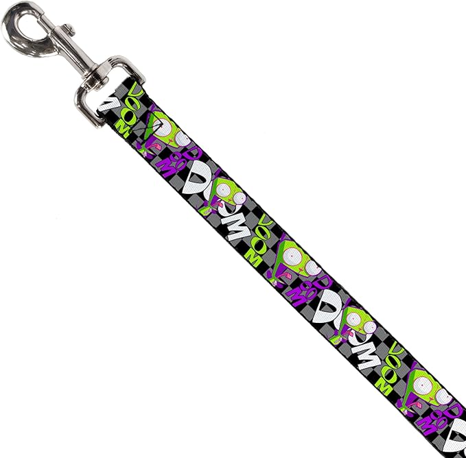 Nickelodeon Pet Leash, Dog Leash, Invader Zim GIR Doom Pose Checker Black Gray, 6 Feet Long 1.0 Inch Wide