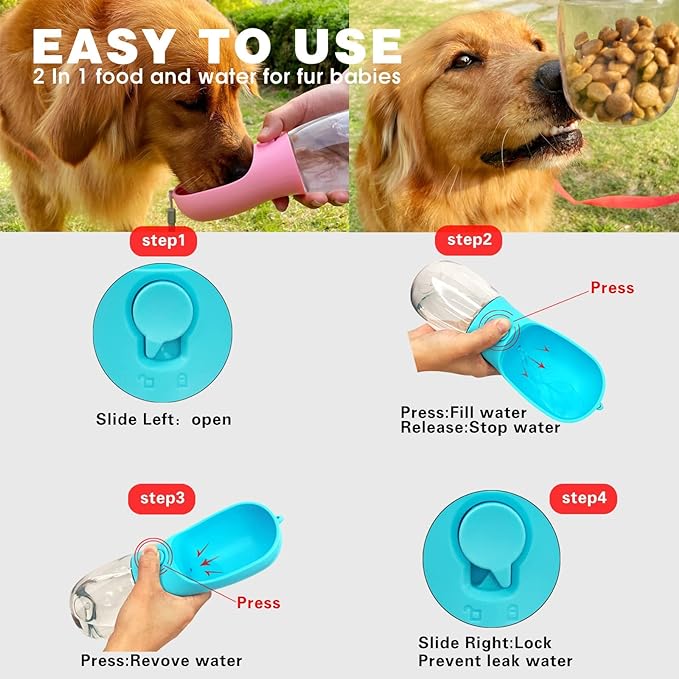 Dog Water Bottle,Portable Pet Water Bottle with Food Container,Outdoor Portable Water Dispenser for Cat,Puppy,Pets for Walking,Hiking,Travel,Puppy Essentials,Dog Stuff(19oz)