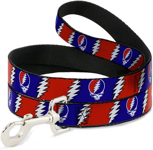 Dog Leash Steal Your Face Lightning Bolt Repeat Red White Blue 4 Feet Long 1.5 Inch Wide