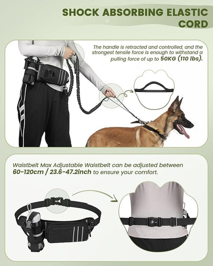 Hands Free Dog Leash for Medium and Large Dogs with Waist Belt Pouch, Dog Running Leash for Training Hiking Jogging Running Walking with Double Handle Bungee | Reflective Stitches Black
