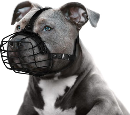 Pitbull Dog Muzzle Metal Mask Amstaff Secure Wire Basket Adjustable Durable Leather Straps for Large Dogs (Black)