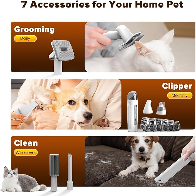 Dog Grooming Kit, Multi-Functional Hair Trimmer & Vacuum, 15KPa Powerful Suction, Stainless Steel, Low Noise, Adjustable Settings, Easy to Clean, Includes Clippers, Brush, Nail Trimmer