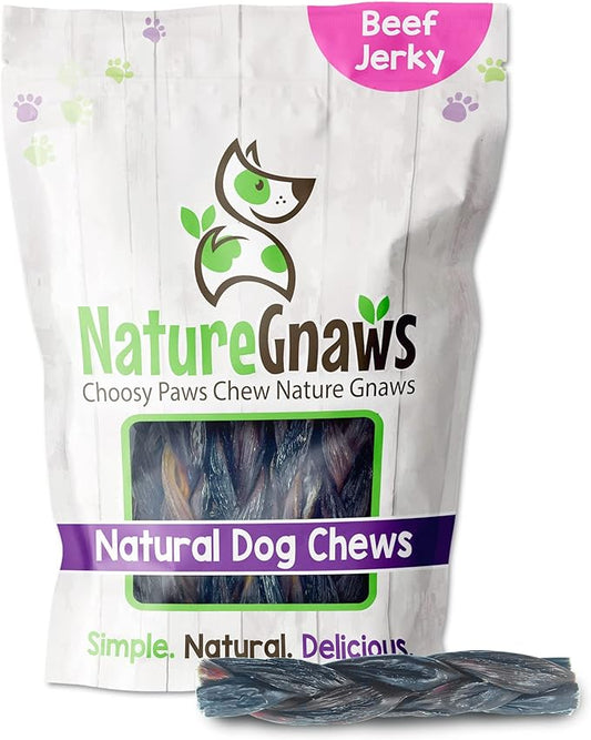 Nature Gnaws Braided Beef Jerky Chews for Dogs - Premium Natural Beef Gullet Sticks - Simple Single Ingredient Tasty Dog Chew Treats - 11-12 Inch (5 Count)
