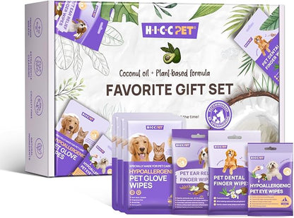 HICC PET Essential Wipes Kit for Dogs & Cats - Hypoallergenic Pet Cleaning Wipes for Teeth, Ears, Eyes, Body - Dog Supplies Cleaning Deodorizing Wipes - Coconut Oil Grooming Wipes for Dogs and Cats