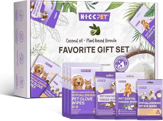 HICC PET Essential Wipes Kit for Dogs & Cats - Hypoallergenic Pet Cleaning Wipes for Teeth, Ears, Eyes, Body - Dog Supplies Cleaning Deodorizing Wipes - Coconut Oil Grooming Wipes for Dogs and Cats