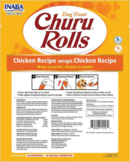 INABA Churu Rolls for Dogs, Grain-Free, Soft/Chewy Baked Chicken Wrapped Churu Filled Dog Treats, 0.42 Ounces Each Stick| 48 Stick Treats Total (8 Sticks per Pack), Chicken Recipe