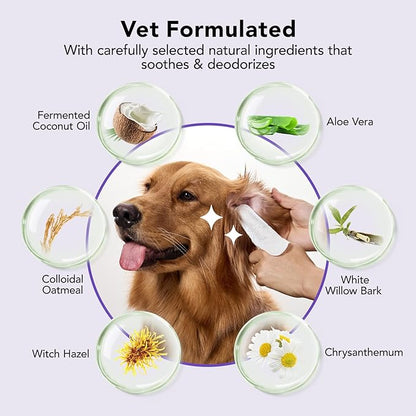 HICC PET Ear Finger Wipes for Dogs & Cats - Gently Remove Ear Wax, Debris - Sooths & Deodorizes - Relieve Ear Itching & Inflammation, Fresh Coconut Scent, All Natural Ingredients - 50 Count