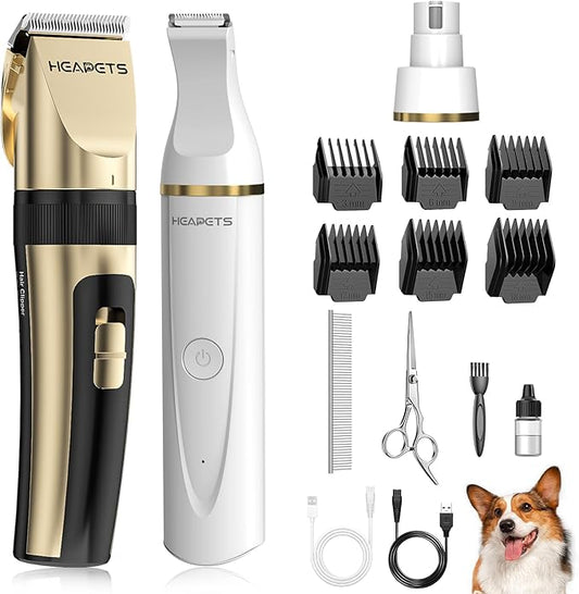 Dog Hair Clippers for Grooming Kit and Dog Paw Trimmer for Grooming, Low Noise Rechargeable Cordless, Shaver Grooming Supplies for Pet Cats Dogs (Gold, White)