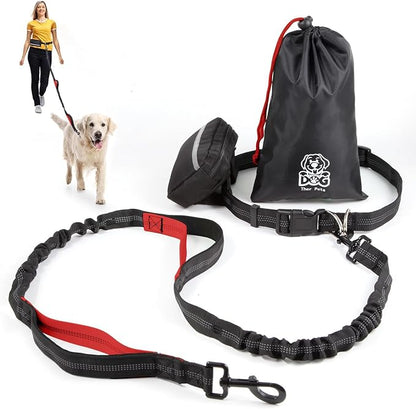 Hands Free Dog Leash with Zipper Pouch, Dual Padded Handles and Durable Bungee for Walking, Jogging and Running Your Dog, Waist Belt Dog Leash, Reflective Running Traction (Red)
