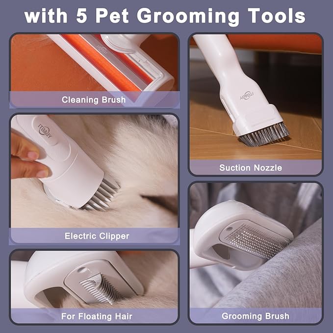2.0L Dog Grooming Kit, Pet Grooming Kit & Vacuum Suction 99% Pet Hair Groomer, Professional Grooming Clippers with 5 Proven Grooming Tools for Dogs Cats, Quiet Pet Vacuum Groomer (White)