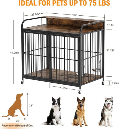 Dog Crate Furniture, Dog Crates Side End Table Indoor, Wooden Dog Kennel with Adjustable Height and 360° Rotating Feeder, Decorative Dog Crate Furniture for Large Dogs (48" L x 29.92" W x 44.29" H)