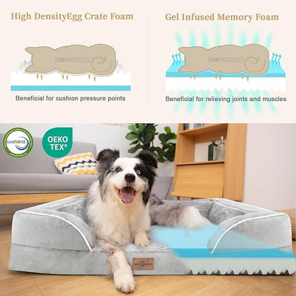 Memory Foam Cooling Dog Bed, Orthopedic Dog Beds for Extra Large Dogs, XL Dog Bed with Removable Cover, Waterproof Pet Bed Large with Bolster(X-large,Light Grey)
