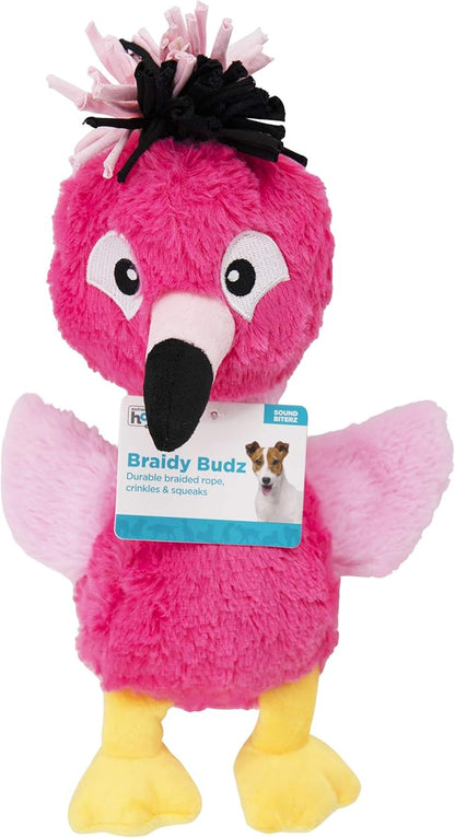 Outward Hound Braidy Budz Pink Flamingo Dog Toy - Cozy Plush Outside with Twisted Braided Jersey Inside, Small