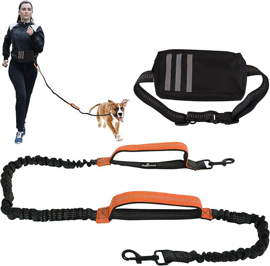Hands Free Dog Leash with Waist Bag Fanny Pouch, Double Padded Handles, Adjustable Belt, Bungee Cord, Red