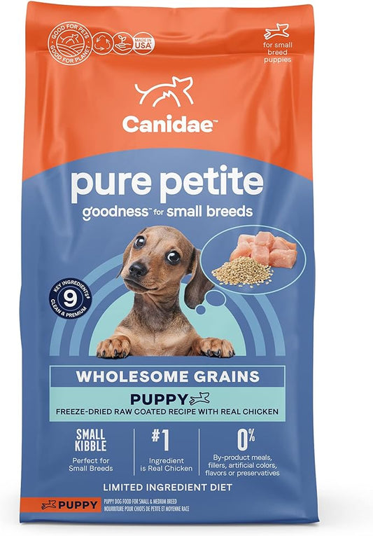CANIDAE Pure Petite Premium Freeze-Dried Raw Coated Dry Puppy Food for Small Breed, Limited Ingredient Diet, Chicken Recipe with Wholesome Grains, 4 lb Bag