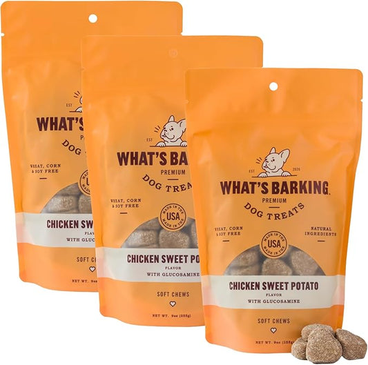 What's Barking Chicken Sweet Potato Soft Chews - Premium Chewy Dog Treats, Glucosamine, Natural Ingredients, No Wheat, Made in USA - 9 oz (Pack of 3)