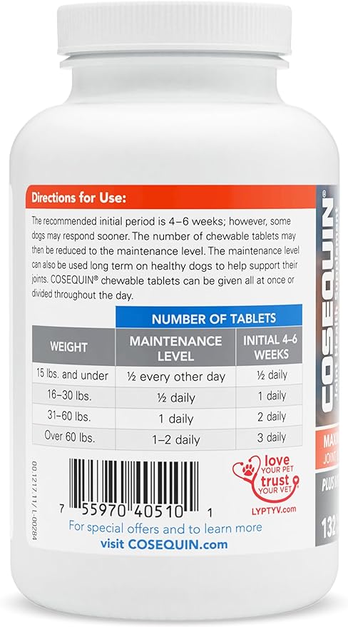 Nutramax Laboratories Cosequin Maximum Strength Joint Health Supplement for Dogs - With Glucosamine, Chondroitin, and MSM, 132 Chewable Tablets