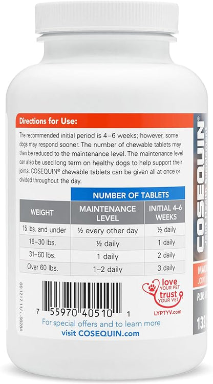 Nutramax Laboratories Cosequin Maximum Strength Joint Health Supplement for Dogs - With Glucosamine, Chondroitin, and MSM, 132 Chewable Tablets