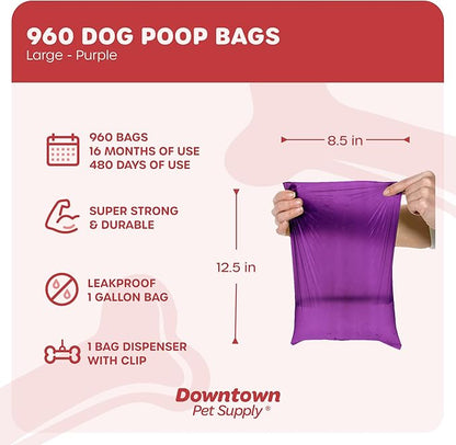 Downtown Pet Supply 960 Count Dog Poop Bags Refills with Leash Clip and Bone Bag Dispenser, Purple - Dog Waste Bags Unscented and Leak-Proof with Dog Poop Bag Dispenser - 12.5 x 8.5"