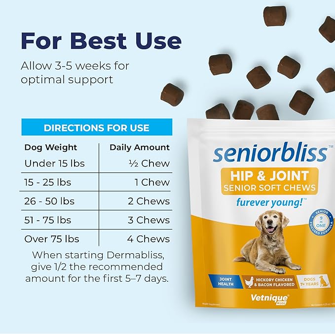 Vetnique Seniorbliss Senior Dog Joint Supplement with Glucosamine and Chondroitin for Dogs Joint Support and Healthy Cartilage Development - for Small & Large Breeds (Hip & Joint Chew, 30ct)
