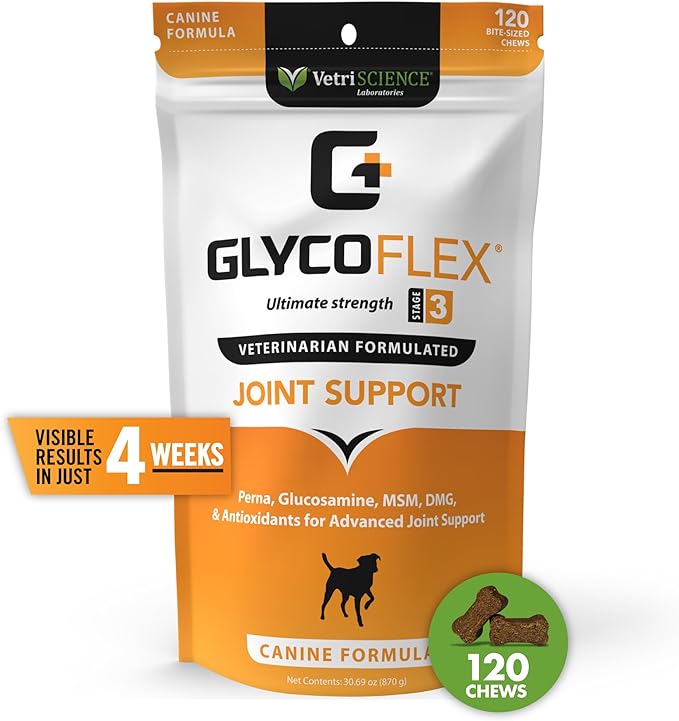 VetriScience Glycoflex 3 Clinically Proven Hip and Joint Supplement for Dogs - Maximum Strength Dog Supplement with Glucosamine, MSM, Green Lipped Mussel & DMG - 3 Pack (120 Chews Each)