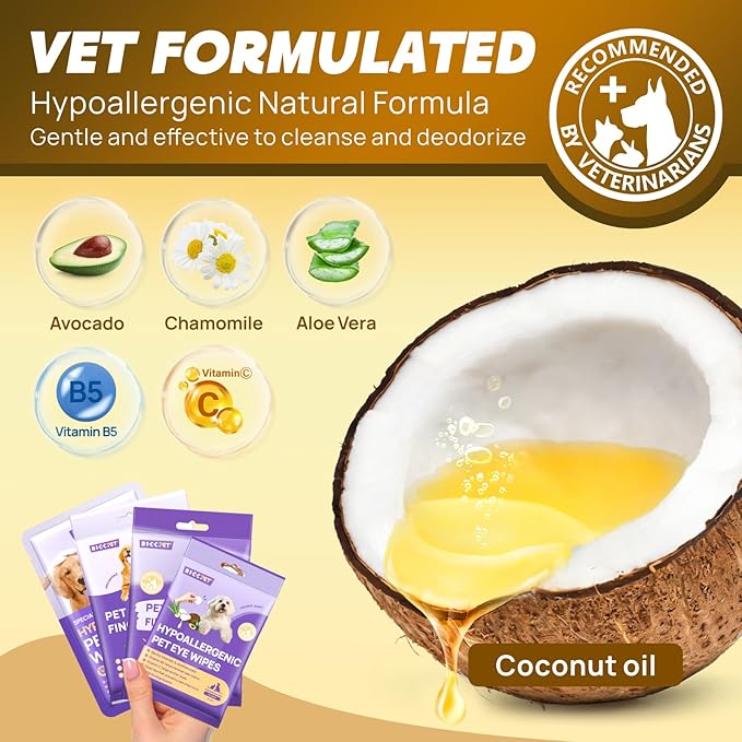 HICC PET Essential Wipes Kit for Dogs & Cats - Hypoallergenic Pet Cleaning Wipes for Teeth, Ears, Eyes, Body - Dog Supplies Cleaning Deodorizing Wipes - Coconut Oil Grooming Wipes for Dogs and Cats