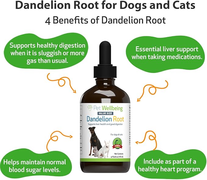 Pet Wellbeing Dandelion Root for Dogs & Cats - Liver, Digestive, Cardiovascular, Blood Sugar Support - Natural Herbal Supplement 4 oz (118 ml)