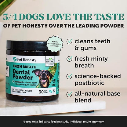 Pet Honesty Dog Breath Freshener Dental Powder for Teeth Cleaning Plaque Off, Dental Care for Dogs, Tartar Remover for Teeth with Natural Herbal Blend + Postbiotcs (30 scoops)