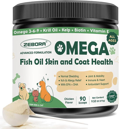 Omega 3 Fish Oil for Dogs, Dog Fish Oil Powder, Wild Caught Fish Oil, EPA&DHA, Krill Oil, Kelp, Dog Skin and Coat Supplement, Anti Itch & Shedding, Support Dry Skin, Joint Health, Dog Allergy Relief