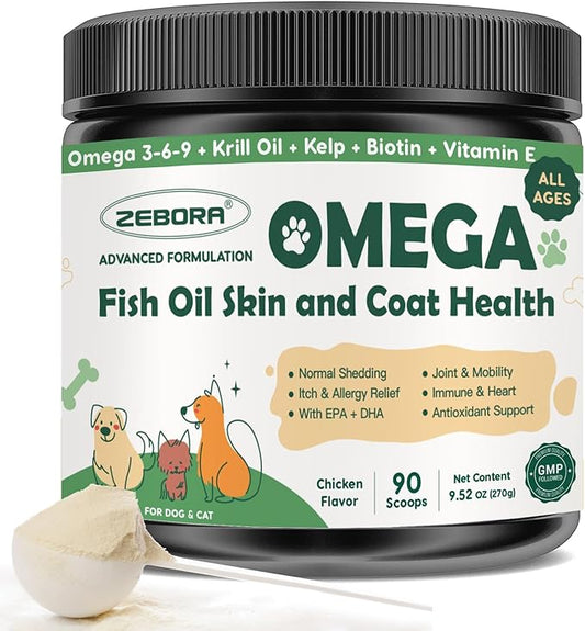 Omega 3 Fish Oil for Dogs, Dog Fish Oil Powder, Wild Caught Fish Oil, EPA&DHA, Krill Oil, Kelp, Dog Skin and Coat Supplement, Anti Itch & Shedding, Support Dry Skin, Joint Health, Dog Allergy Relief