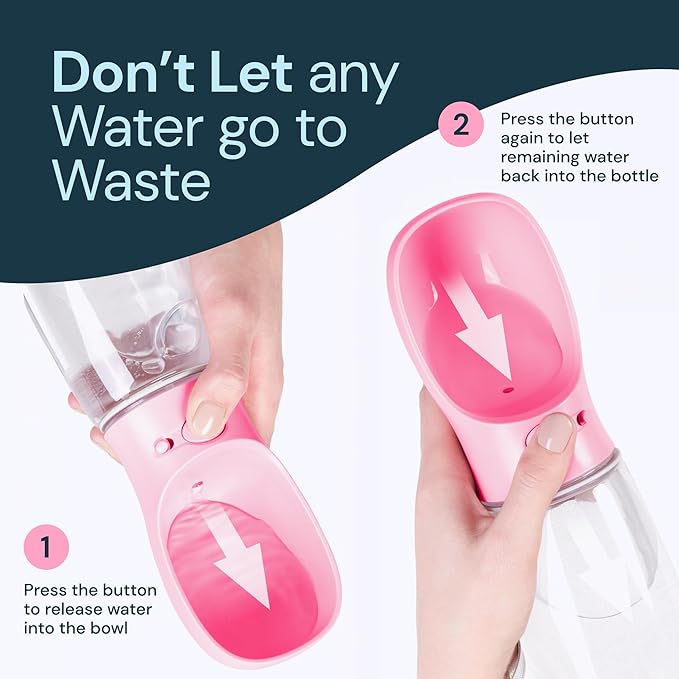 MalsiPree Dog Water Bottle Portable – Leak Proof and Lightweight Water Bottle for Dogs – Dog Travel Water Bottle with Bowl – Dog Walking Accessories (12OZ, Pink)