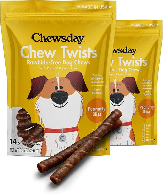 6-Inch Chewy Dog Chew Twists, Made in The USA, All Natural Rawhide-Free Highly-Digestible Treats, Peanutty Bliss - 28 Count