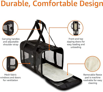 Amazon Basics Soft-Sided Mesh Pet Travel Carrier for Cat, Dog, Large, Black, 19.7 x 10.2 x 11.2 inches (LxWxH)
