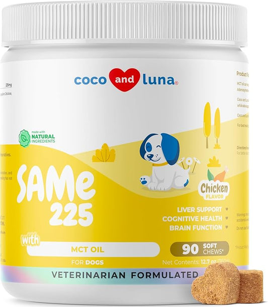 SAMe for Dogs - S-Adenosyl-L-Methionine - 90 Soft Chews - with MCT Oil for Better Absorption - Promotes Brain Health, Liver Support, and Cognitive Function
