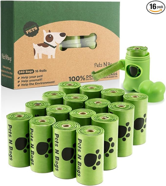 Poop Bags, Environment Friendly Pets N Bags Dog Waste Bags, Biodegradable, Refill Rolls, Includes Dispenser (16 Rolls / 240 Count)