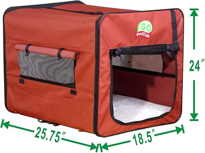 Go Pet Club 25" Soft Collapsible Dog Crate, Portable Pet Carrier, Thick Padded Pet Travel Crate for Indoor & Outdoor, Foldable Kennel Cage with Durable Mesh Windows, Brown