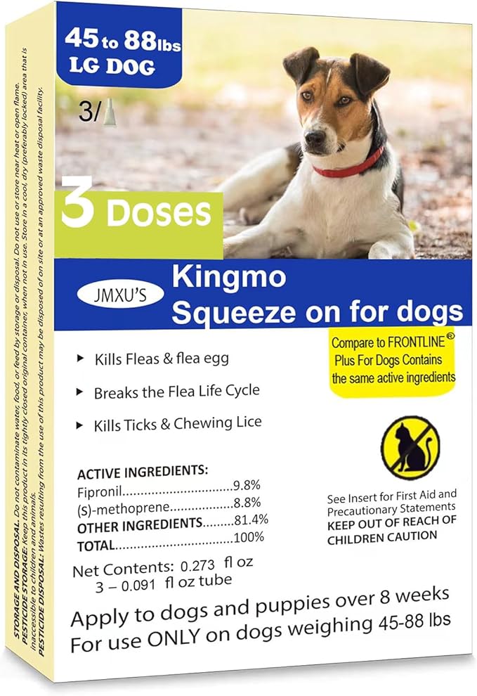 Flea and Tick Prevention for Dogs, Dogs Flea & Tick Treatment with Fipronil, Long-Lasting & Fast-Acting Topical Flea & Tick Control Drops (3 Doses, 45-88lbs)