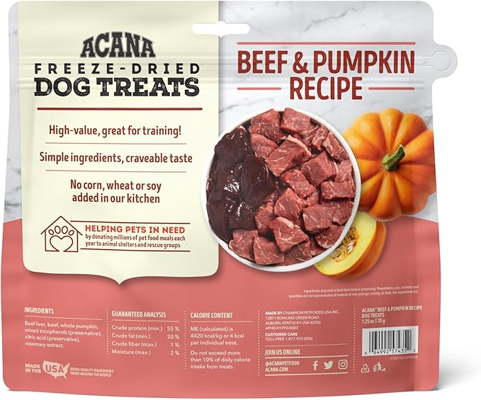 ACANA Singles Freeze Dried Dog Treats, Limited Ingredient Grain Free Beef & Pumpkin Recipe, 1.25oz