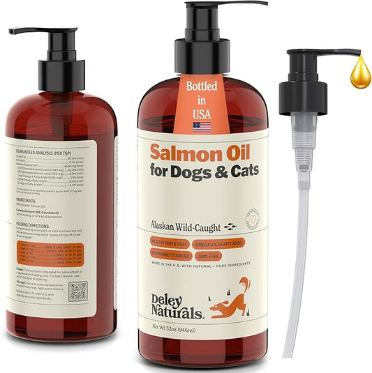 Deley Naturals Premium Alaskan Wild Caught Salmon Oil for Dogs and Cats - Omega-3 Rich Fish Oil Supplement for Healthy Skin, Coat, and Joints - All-Natural, Sustainably Sourced - 32 Oz