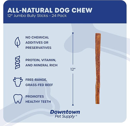 Downtown Pet Supply Bully Sticks for Dogs (12", 24-pack, Jumbo) Non-GMO, Grain Free, Rawhide Free Dog Chews Long Lasting Pizzle Sticks - Low Odor Bully Sticks for Large Dogs
