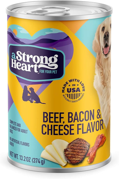 A Strong Heart Wet Dog Food, Beef, Bacon & Cheese Flavor - 13.2 oz Cans (Pack of 12), Made in The USA with Real Beef