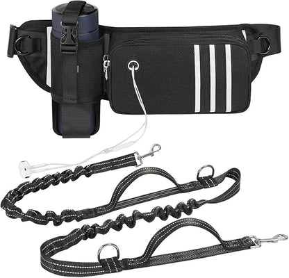 Pawaboo Hands Free Dog Leash with Waist Bag, Dog Leash with Zipper Pouch, Retractable Dog Running Belt Bag, Dog Walking Leash Shock Absorption, Padded Handle Lead for Jogging Hiking (25-120 lbs)