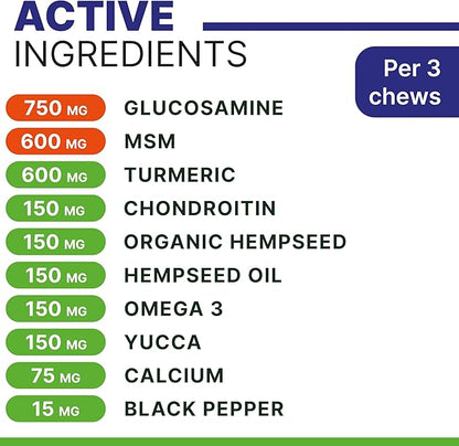 ADVANCED Hemp Hip & Joint Supplement for Dogs - Glucosamine for Dogs - Dog Joint Pain Relief Treats - Chondroitin Turmeric MSM Hemp Oil - Hemp Treats for Joint Health - Peanut Butter