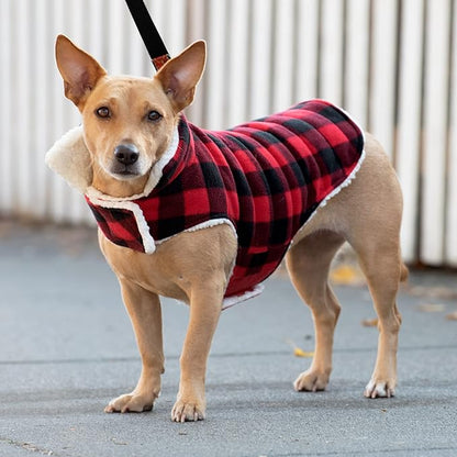 Furhaven Reversible Small Dog Coat, Washable & Insulating w/ Leash Access - Sherpa & Plaid Fleece Flex-Fit Jacket - Cream/Red, Small