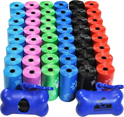 Downtown Pet Supply 1000 Count Unscented Dog Waste Bags with Dog Poop Bag Dispenser, Rainbow with Paw Prints - Leak-Proof Dog Poop Bags Refills with Leash Clip and Bone Bag Dispenser - 12.5 x 8.5"
