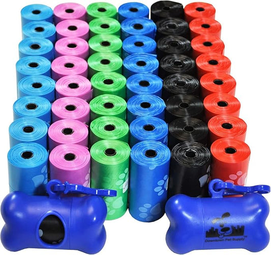 Downtown Pet Supply 1000 Count Unscented Dog Waste Bags with Dog Poop Bag Dispenser, Rainbow with Paw Prints - Leak-Proof Dog Poop Bags Refills with Leash Clip and Bone Bag Dispenser - 12.5 x 8.5"