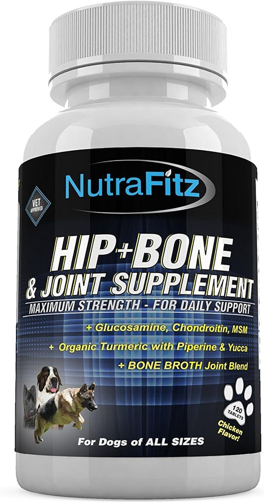 Hip Bone and Joint Supplement for Dogs -Glucosamine Chondroitin for Dogs, MSM, Organic Turmeric - Hip Dysplasia, ACLs - Best Dog Joint Supplement for Joint Support - 120 Tablets